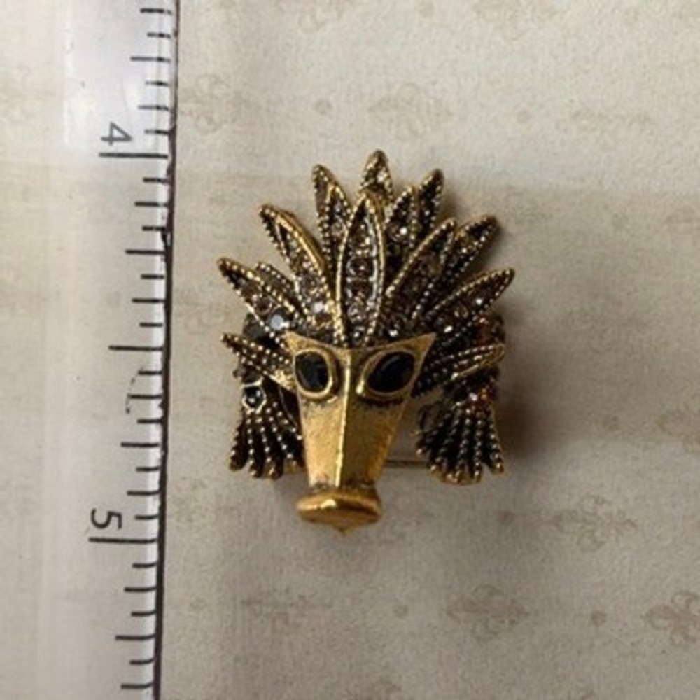 Gold Tone Porcupine Brooch Black Rhinestone Figural Animal Pin